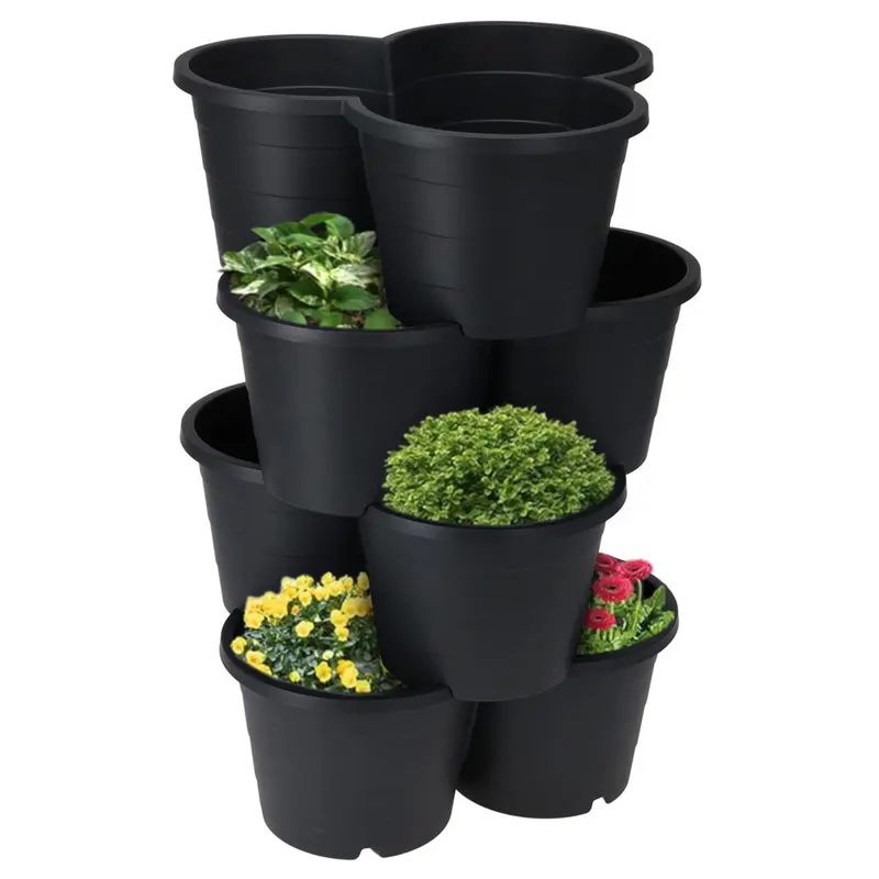 GEEZY Stackable Flower Pot Planters – Set of 4, Large Black Plastic Tiered Design for Outdoor Vertical Garden, for Herbs, Strawberries, Flowers – Space-Saving Durable Pots for Gardening Enthusiasts 0
