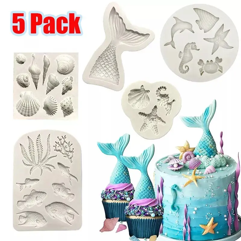 5pcs Mermaid Sea Shell Silicone Fondant Moulds Cake Decorating Chocolate Molds 0