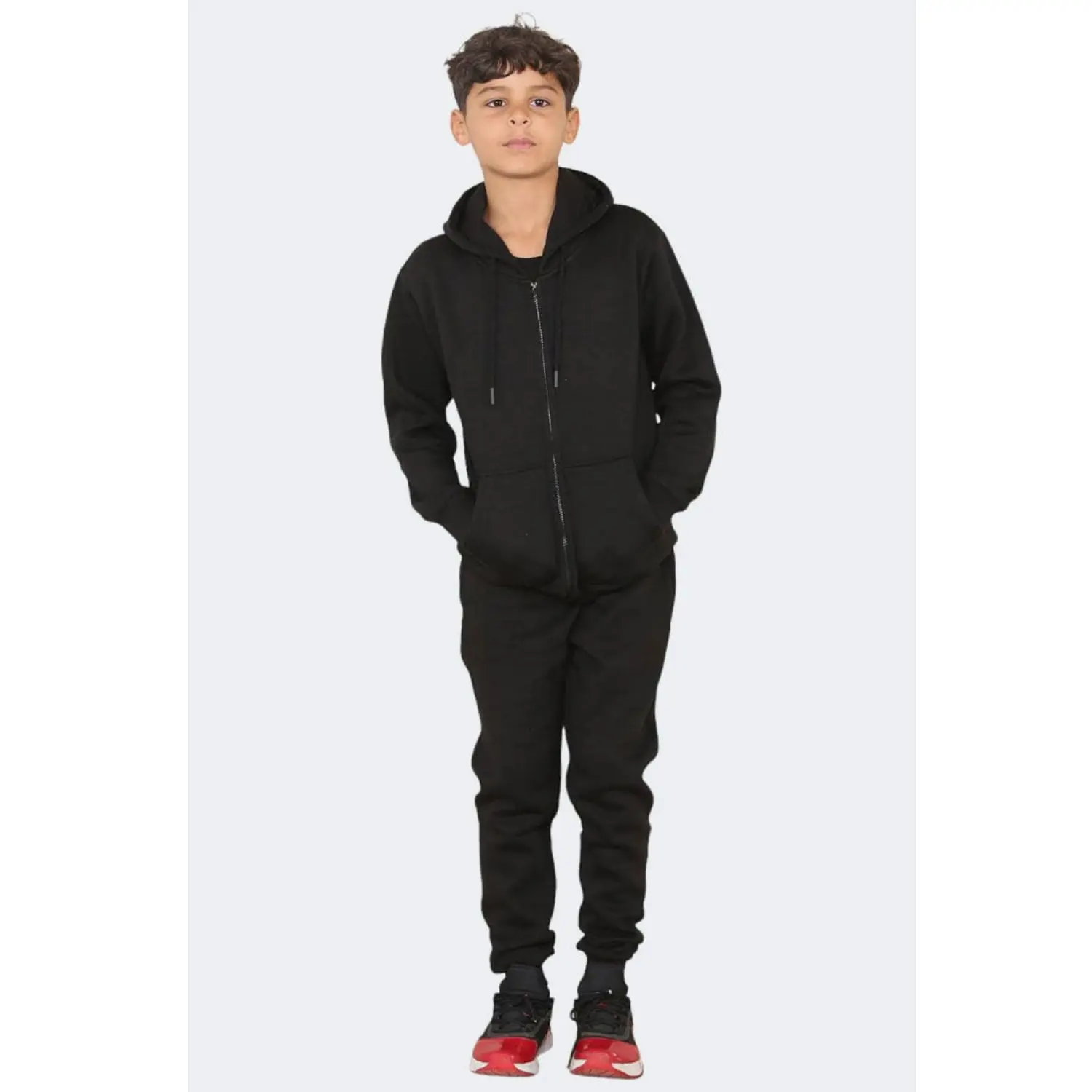 Boys Girls Fleece Tracksuit Kids Gym Sports Plain Zipper Hooded Pants Bottom