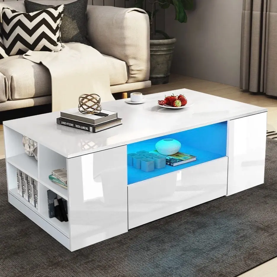 High Gloss LED Coffee Table Wooden Drawer Storage Modern Living Room Furniture