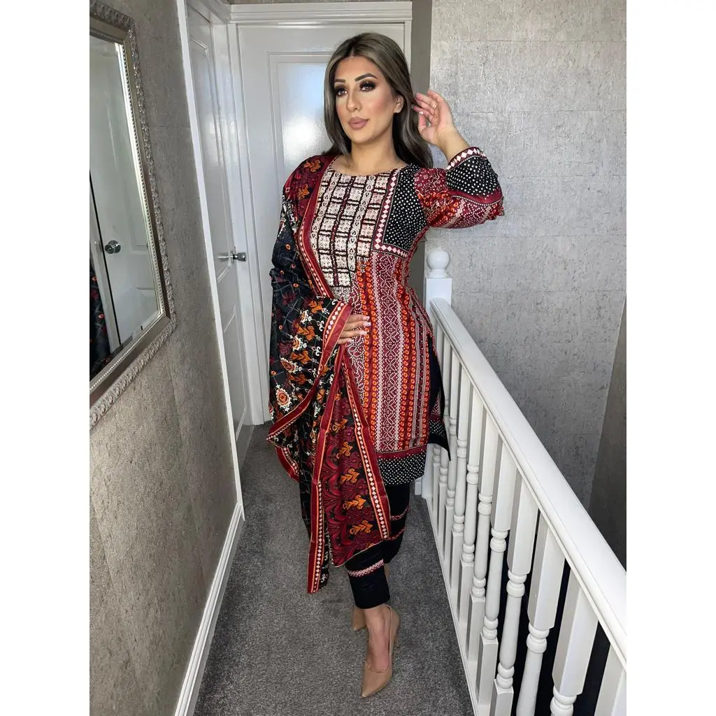Black Red lawn Shalwar Kameez with chiffon dupatta 3piece ready to wear suit MOB-PD1374