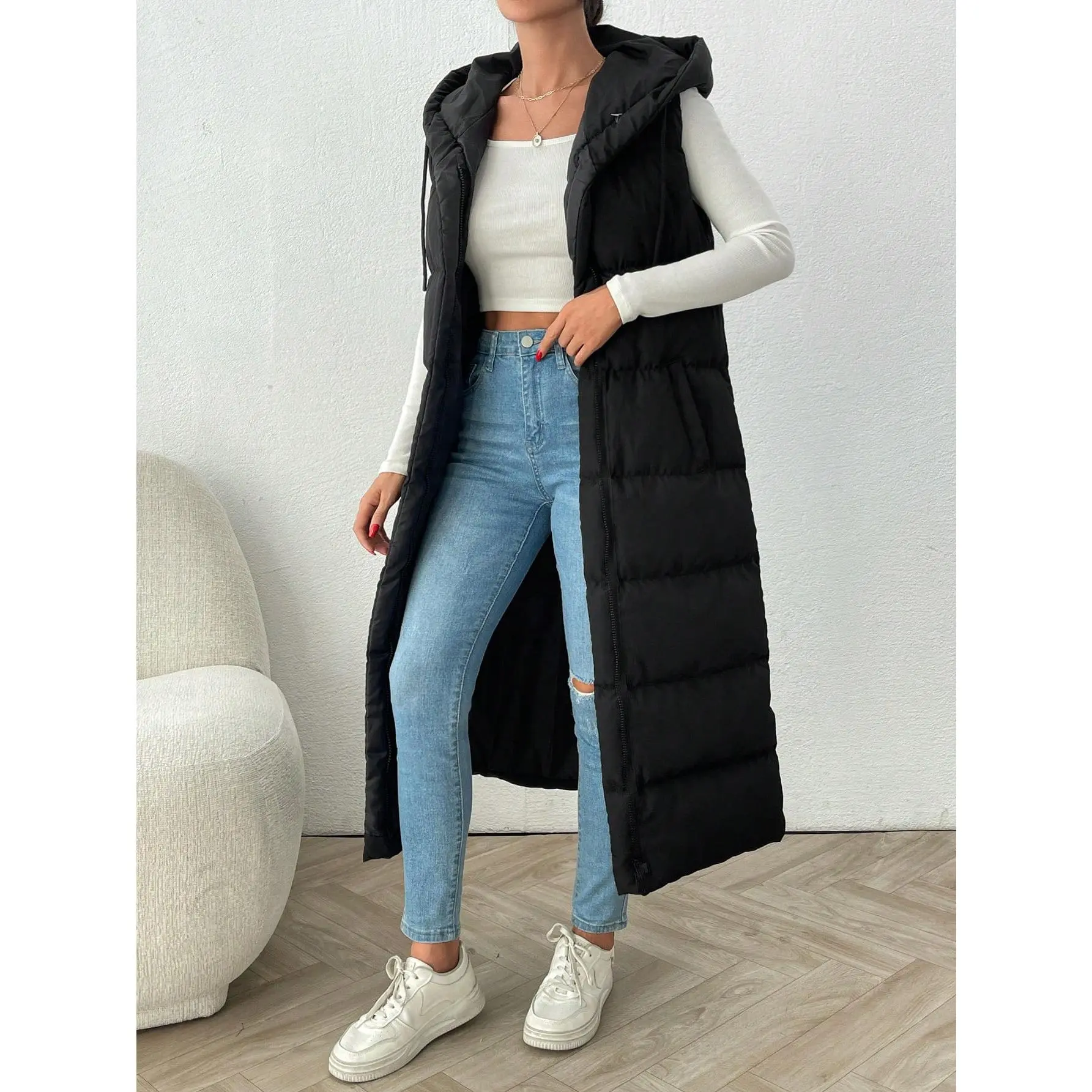​Women's TopsWomen's Casual Sleeveless Long Cotton Hooded Jacket, Winter【S20】 Fabric Fit Womenswear Polyester Tops Vests Comfort Basic Minimalist long  coat  women