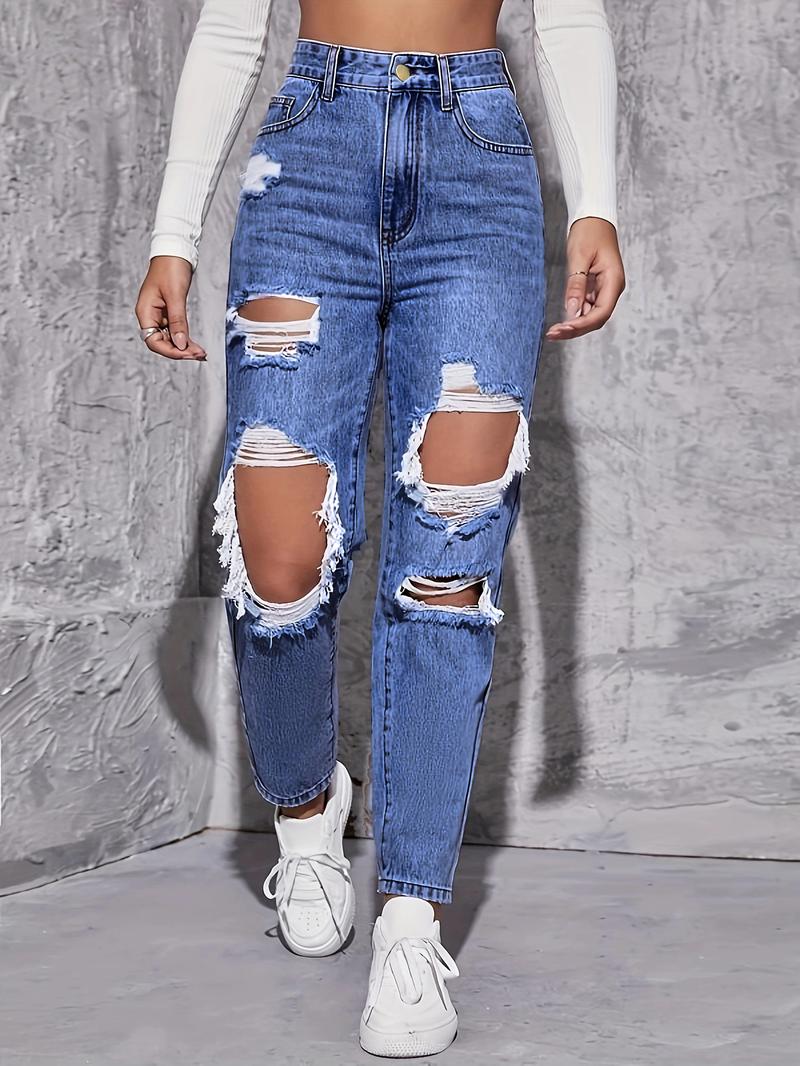 Product Introduction of American Retro Hole-punched Jeans Women High Waist Straight-crotch Loose Slim Design High-street Vibe Wide-legged Dragging Pants 9