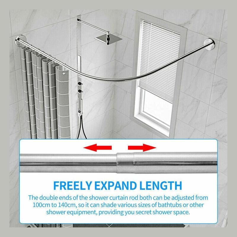 Stretchable Stainless L Shaped Pole Bathroom Corner Shower Curtain Rail Rack Rod Set Steel Installation Adjustable 4