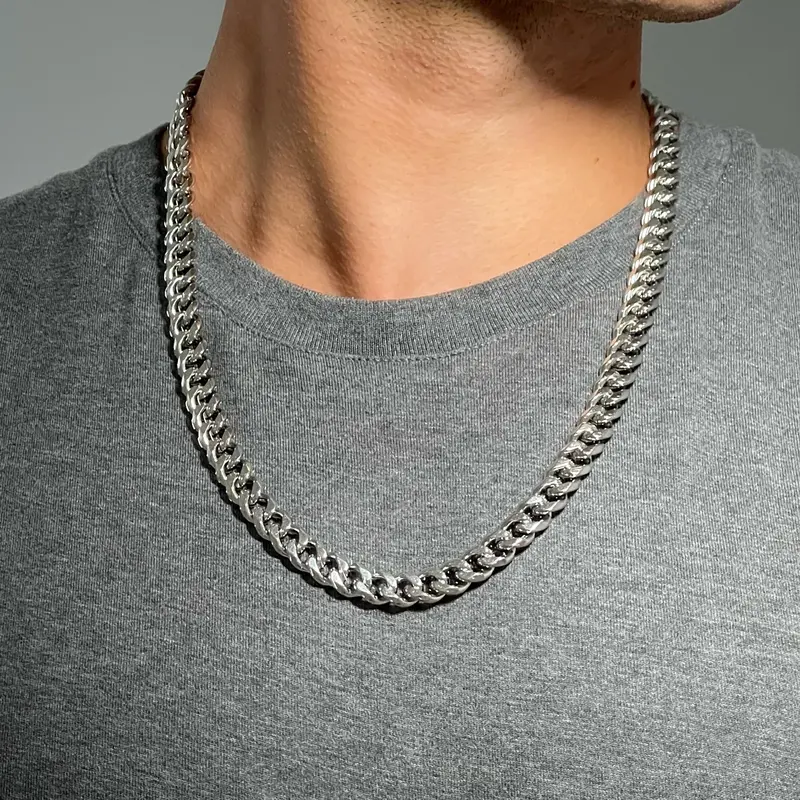 Thick and Heavy Silver Miami Cuban Chain Necklace, 18”-24”, 45cm-60cm Length, 9mm Thickness, Stainless Steel 18 inch boys curb big layering chunky 1