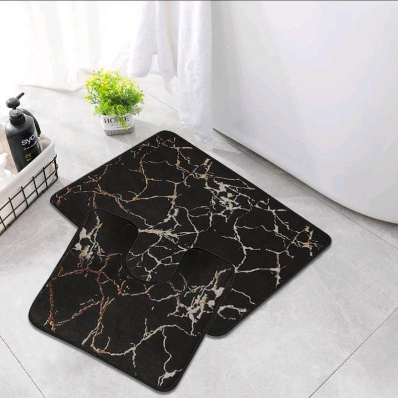 STUNNING LUXURY NON SLIP WATER RESISTANT 2 PIECE MARBLE EFFECT BATH MAT SET 50×80cm mat and toilet cover 0