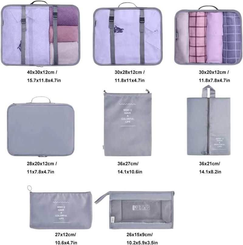Product Introduction of Travel Packing Cubes, Toifucos Multifunction 8pcs/set Luggage Organiser Waterproof Compression Suitcase Essential Bag, Dark Gray 16