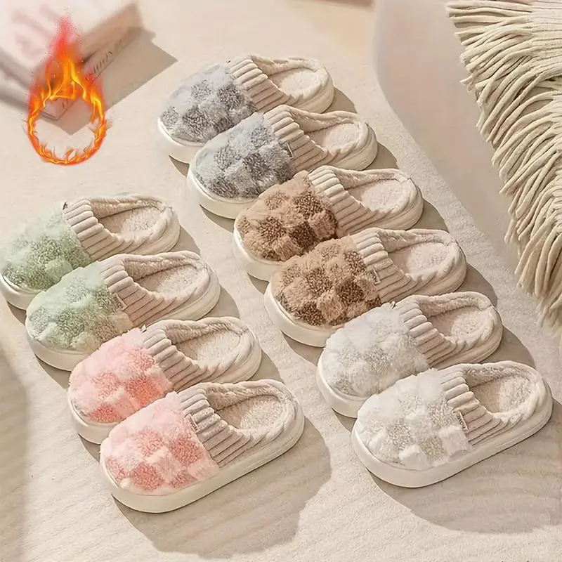 Cotton Slippers for Women, Plaid Cuff Warm Fuzzy Fleece Plush Slipper, Cozy Memory Foam Cute Soft Women's Home Slippers, Indoor Comfort House Slippers Girl Flipflop