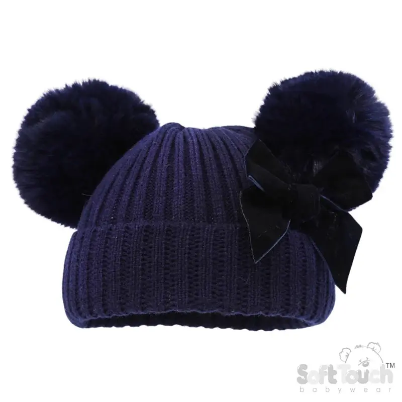 Baby Girls Velvet Bow Pom Pom Hats - Newborn To 12 Months 4
