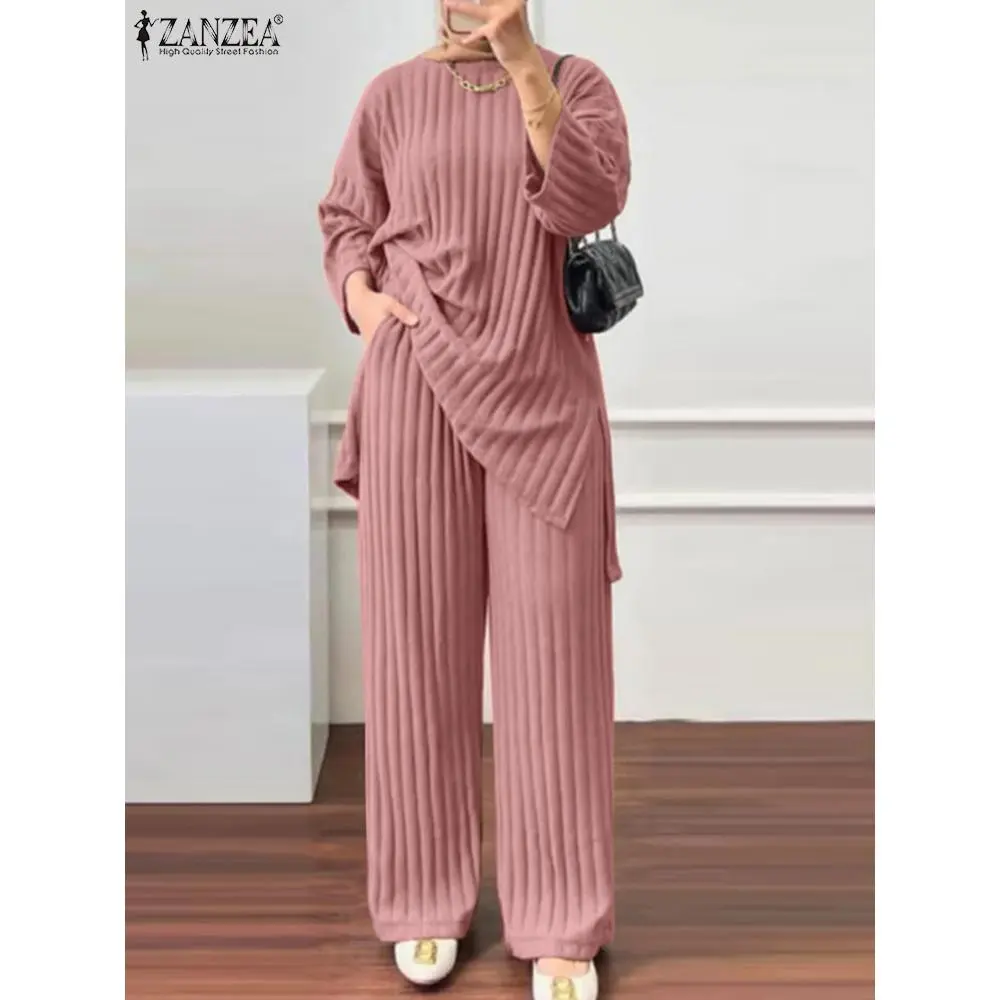 Long Sleeve Blouse Wide Leg Pants Sets ZANZEA Women Matching Sets Solid Islamic Clothing Muslim Tracksuit Outifits 2PCS