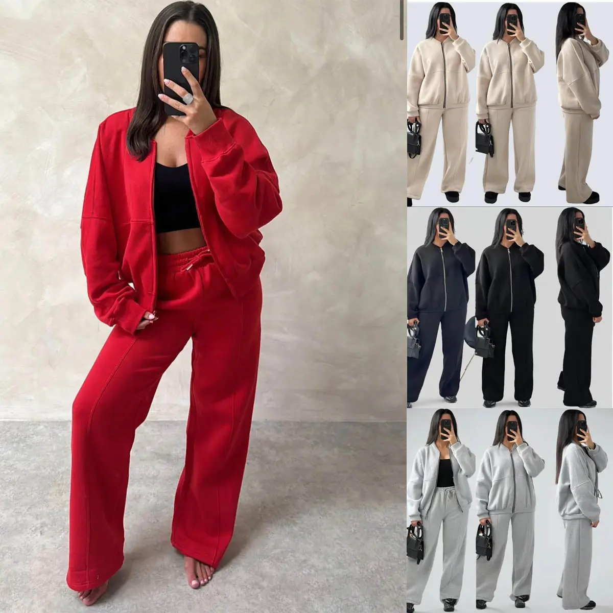 Women's Fleece Tracksuit Ladies Zip Bomber Jacket Top Palazzo Elasticated Waist Trousers Joggers Co Ord Lounge Wear Tracksuit Set