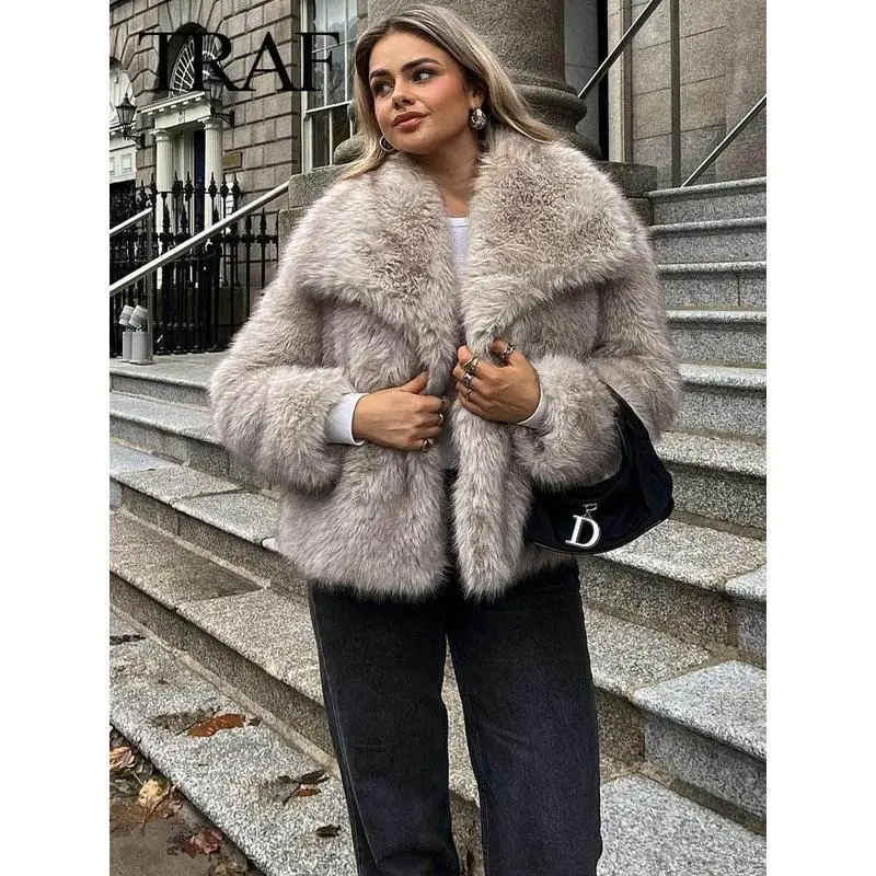 2024 Women Fashion Cropped Faux Fur Jacket Coat Long Sleeve Front Snap-button Female Outerwear Chic Lapel Collar Thick Coat
