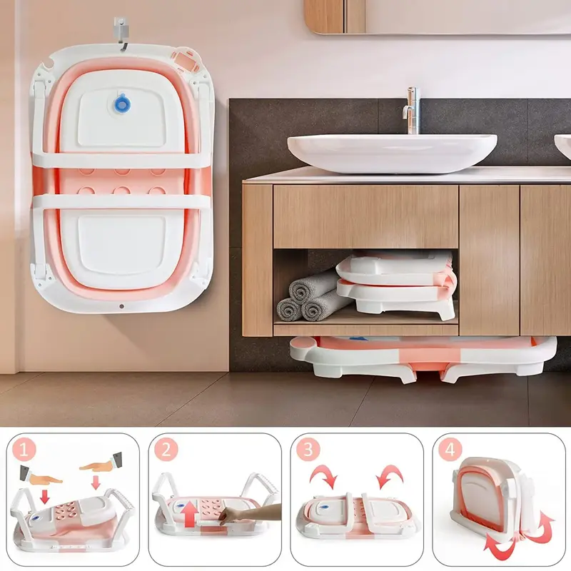 Foldable Baby Bath Tub, Toddler Bathtub with Thermometer Portable Collapsible Baby Shower 3