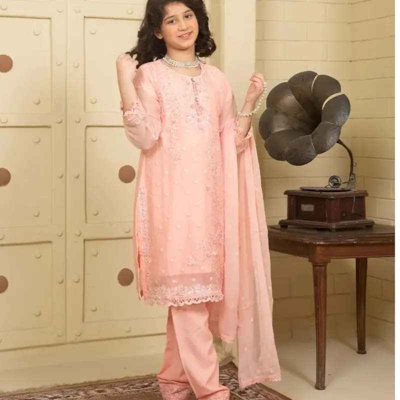 Embroidered Chiffon 3pc Formal Trandisinal Dress for Girls Age 7 to 14, Festive, Party or Wedding Wear Comfort Fabric Soft Breathable Comfortable Clothes