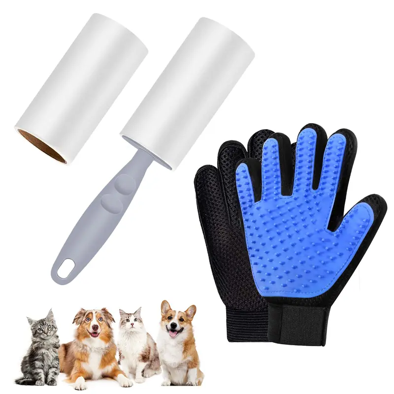 Pet Dog Cat Grooming Glove and Lint Roller, 2Pack Pet Hair Remover with Longer Tips, Deshedding Brush Glove for Cats & Dogs with Long & Short Fur - (Left & Right) 0