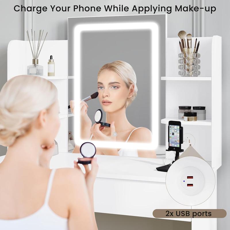 WOLTU Dressing Table with Dimmable LED Lights, Vanity Desk with Mirror & 2 USB Charging Ports, Makeup Table with 2 Drawers and Open shelves, Wooden Bedroom Dresser, White, MB6112ws clear  vanity 4