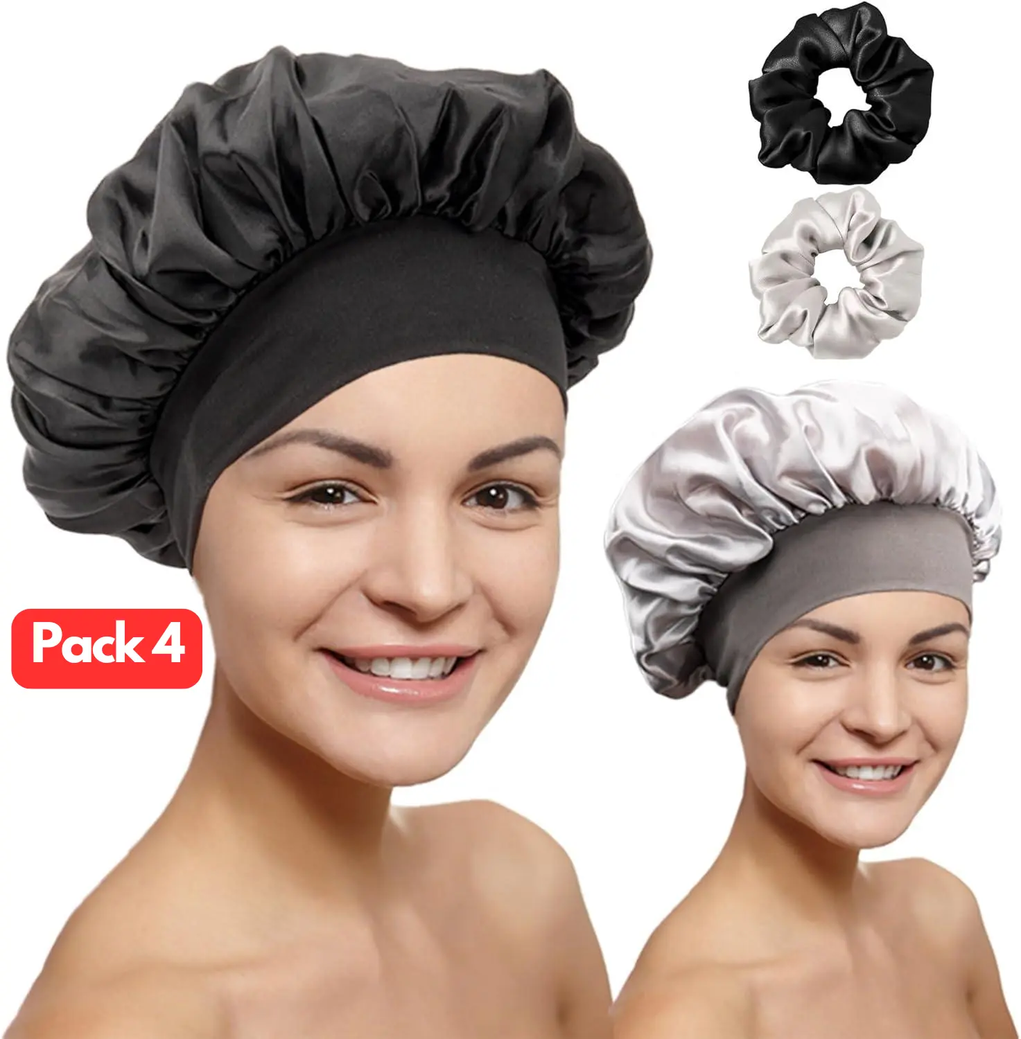 Silk Bonnet - Pack of 4 Hair Bonnet With Soft Elastic Band - Satin Head Cover with 2 Pieces of Scrunchies for Bathing, Sleeping, or Housework - Long, or Curly Hairs (Silver, Black) Shower