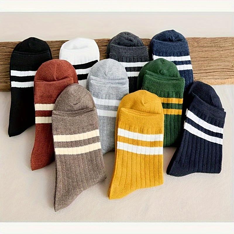 Product Introduction of Breathable Sweat-Absorbent 10 Pairs Mid-Calf Socks - Trendy Double Stripe Design, Casual Daily Wear, Assorted Colors 1