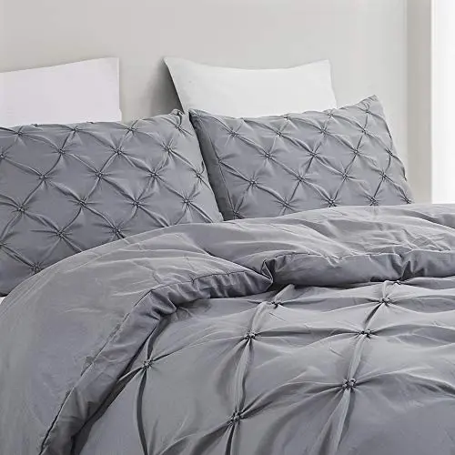 Microfiber Pintuck Pinch Pleat Duvet Cover Sets with Pillowcase Ultrasoft Brushed Easy Care Machine Washable Single Double King SuperKing Size White Bedding Set Grey Covers 7