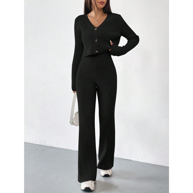 EZwear Autumn And Winter 2pcs/Set Women V-Neck Button Decor Contrast Color Long Sleeve Top And Knitted Long Pants Sweater Suit Clothes Fit Womenswear Comfort Fabric Gamis Trouser Casual Black 0
