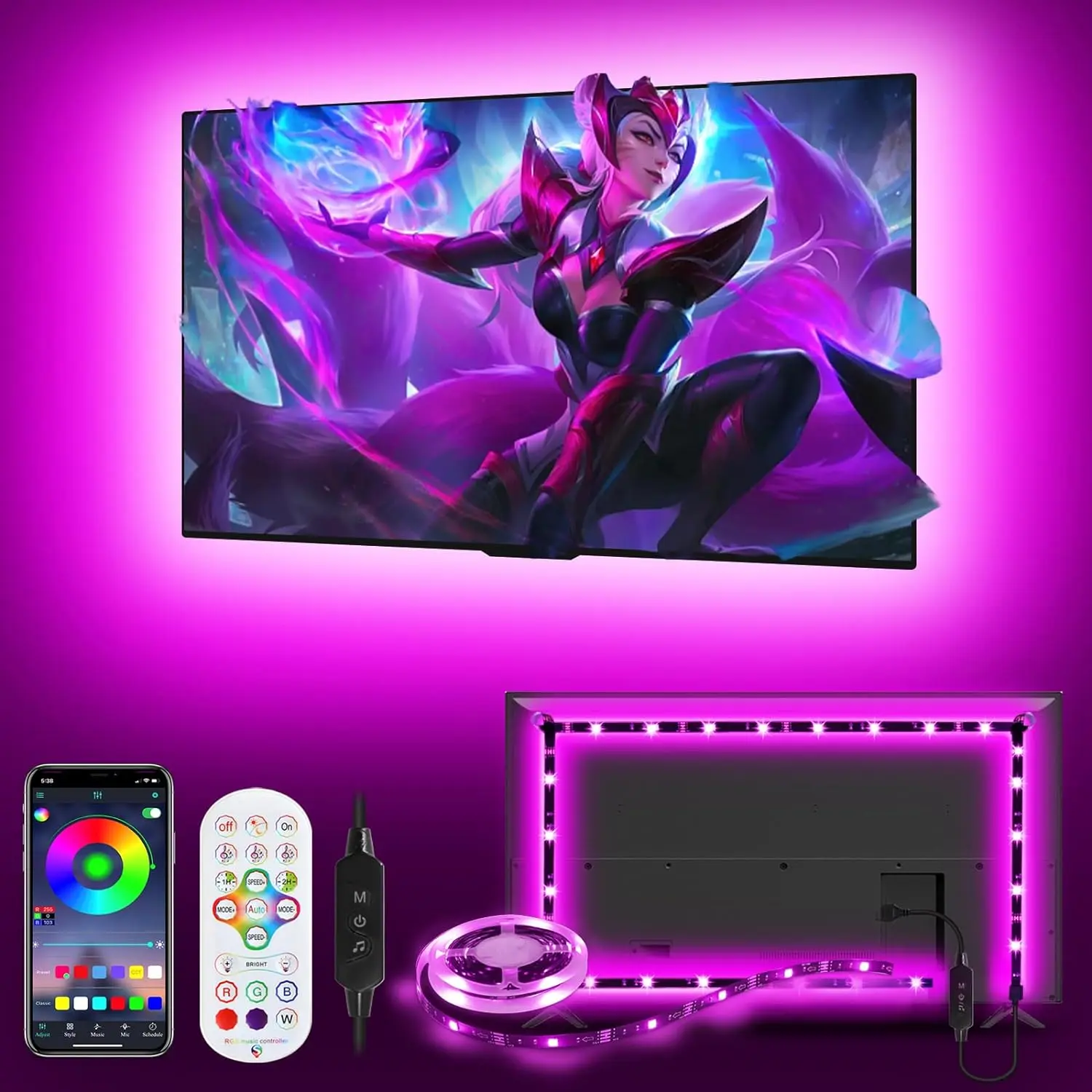 TV LED Backlight TV Led Lights 3M for 32-43in TVs, TV Backlights Sync with Music Led Lights for TV Bluetooth App Remote Control Dimmable RGB Led Strip Lights for Bedroom Gaming Room