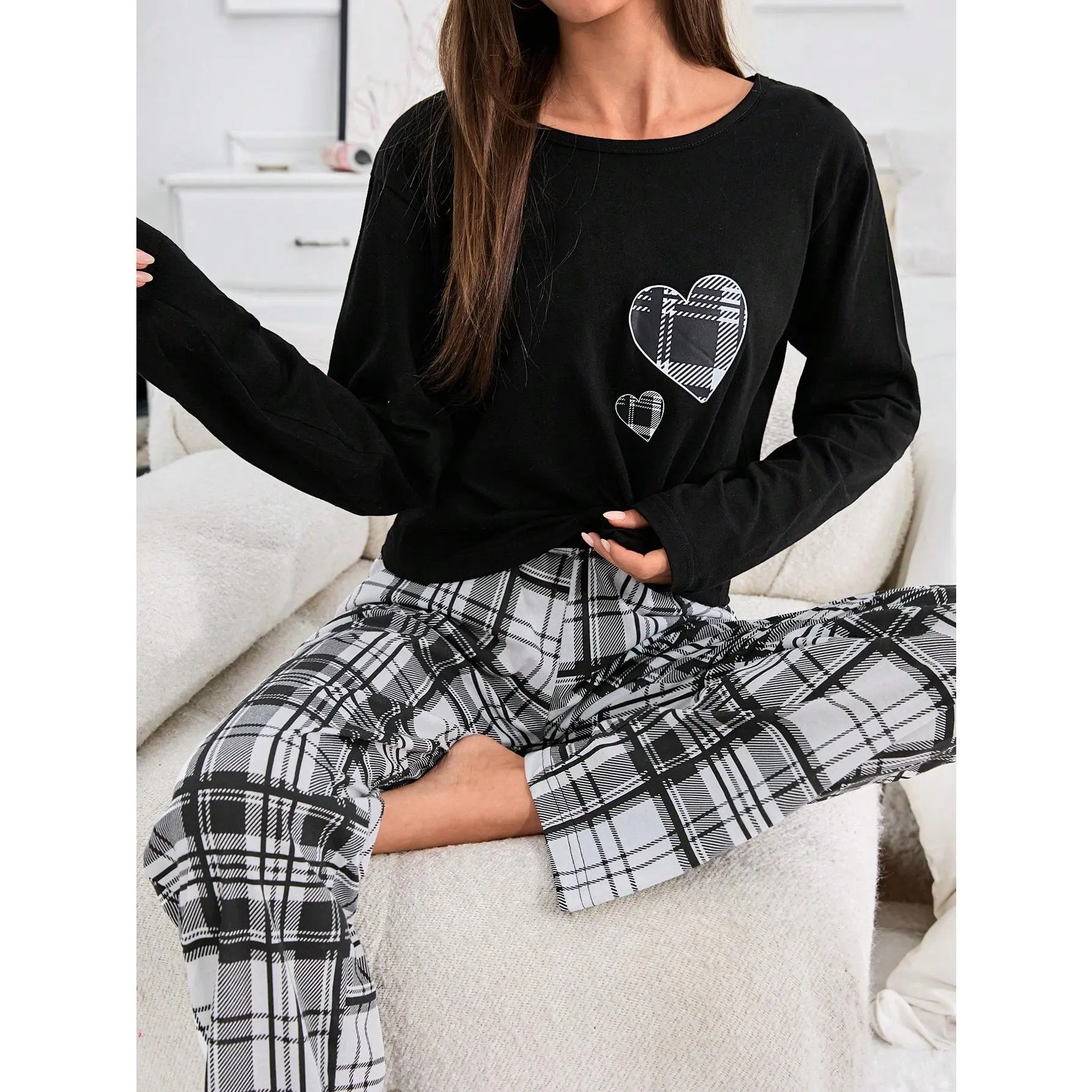 Cotton 2Pcs  Plaid Herat Printed Long Sleeve Shirt And Plaid Printes Long Bottom Lounge Set[S12] Loungewear Pajama Nightwear Womenswear Fit Polyester Tops Fabric Pjs Homewear