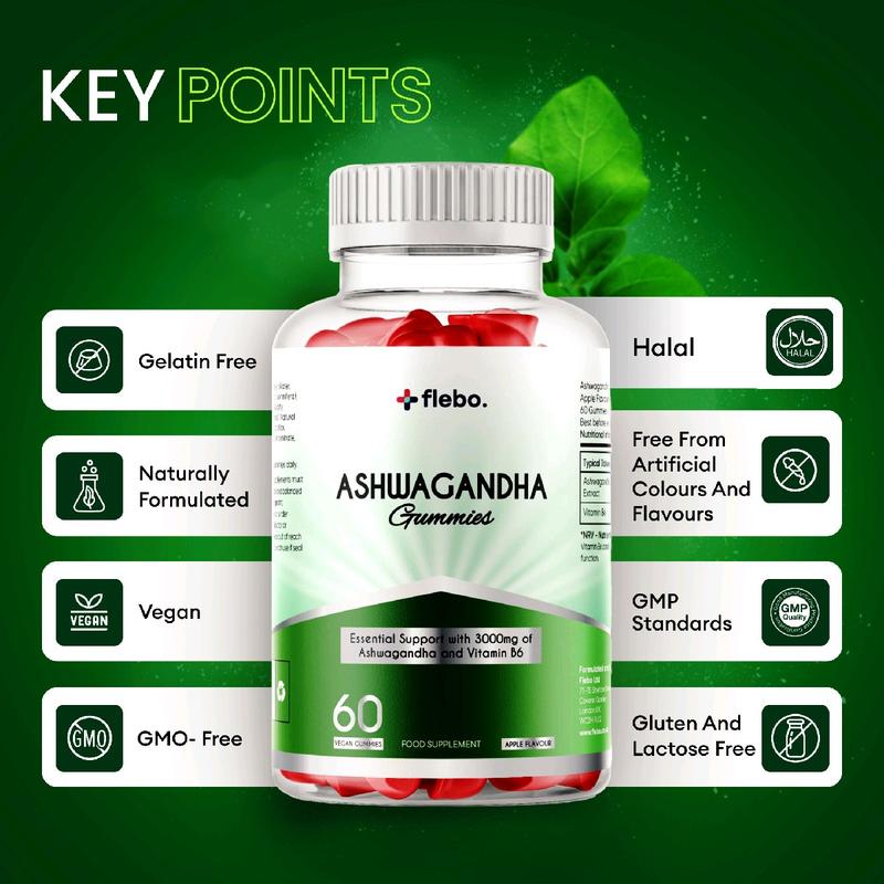 Flebo Vegan Ashwagandha Gummies | 60 Two-a-Day Gummies | Natural Stress and Anxiety Relief | High Strength Ashwagandha with Vitamin B6 | Apple Flavour Healthcare Fitness Dietary 6