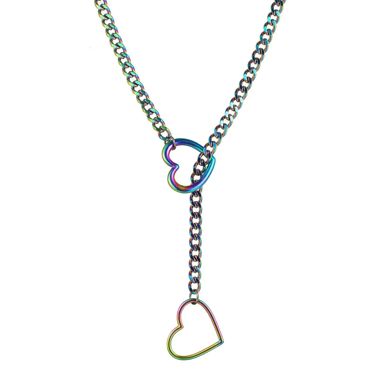 Spicy Lariat Heart Necklace | Stainless Steel, Punk Rock Cuban Long Chain Choker for Men & Women | Heavy Ring Slip chain Collar with Love Heart Design