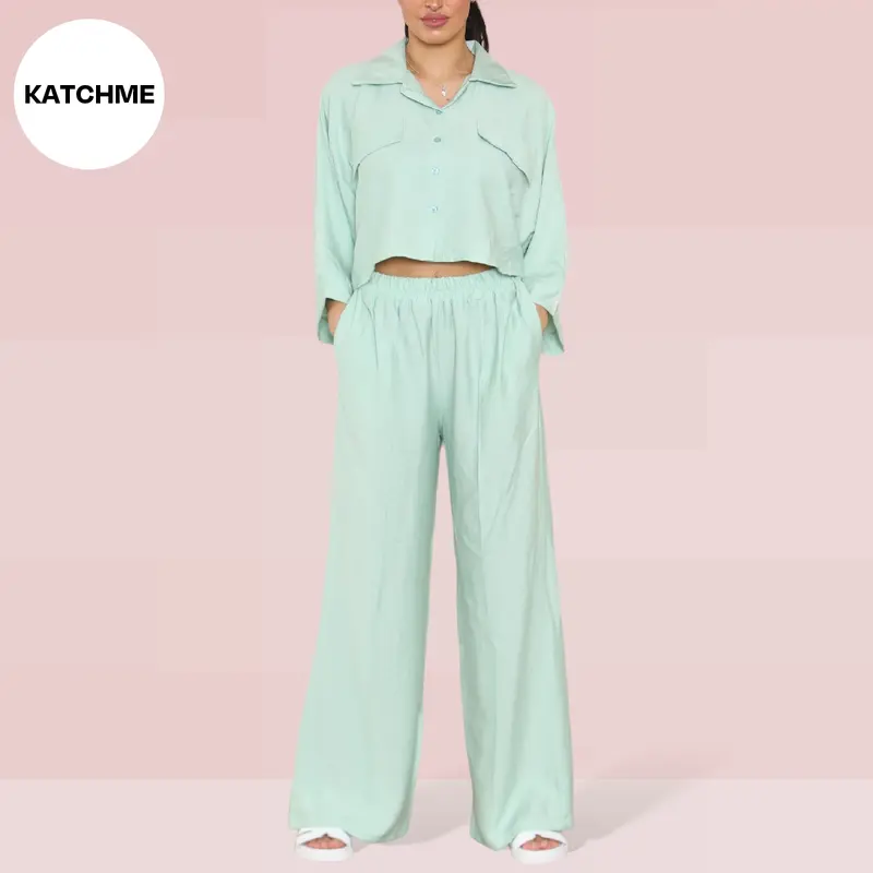 KatchMe Women's Versatile Long Sleeve Button Crop Top & Elastic Waist Pocket Trousers Co-ord,Lady Two-Piece Outfit for Womenswear,Plain Co-ord Set 4