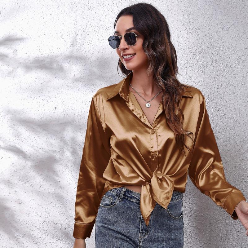 Product Introduction of Women's Satin Satin Imitation Silk Long Sleeved Shirt Elegant V-neck Retro Style Multicolor Shirt Top-Looki Ngi 25