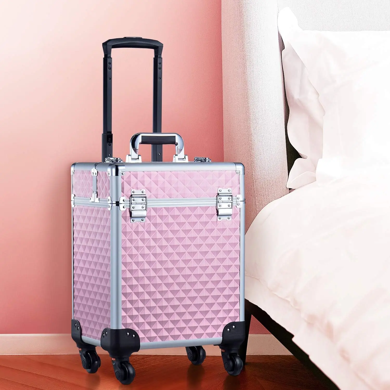 Professional Makeup Trolley Cosmetic Vanity Box Make Up Organiser Beauty Rolling Case with Universal Wheels and Key Locks 1 Tier - Pink