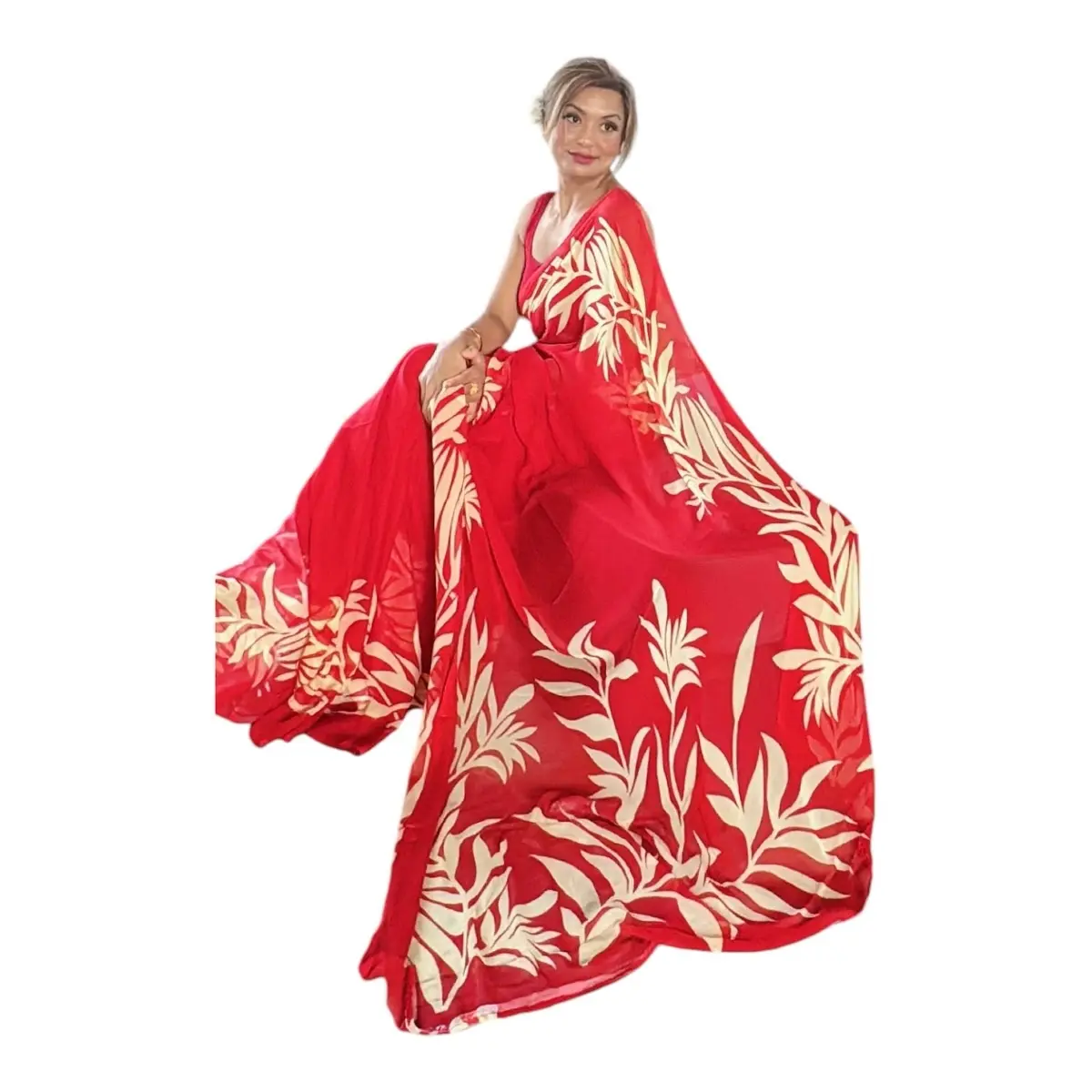 Light weight leaf print Chiffon Saree. Borders stitched