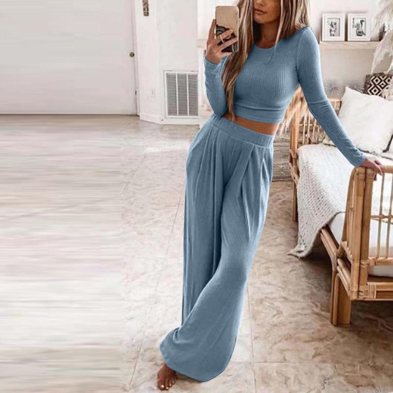 Solid Knitted Crop Top & Wide Leg Trousers Set 6