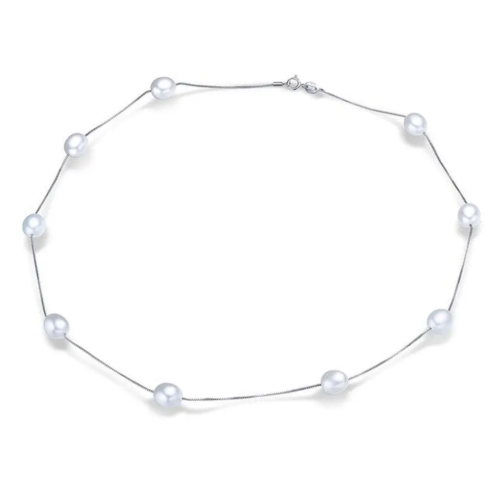 Layla X - Classic pearl station silver necklace