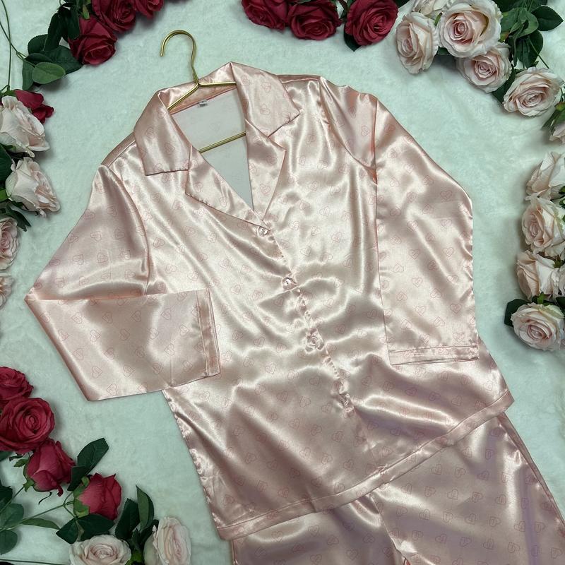LIVE ONLY LILIOSA Christmas Collection COSY SATIN PINK HEART MONOGRAM LONG SLEEVE PYJAMA SET  Comfortable Soft WINTER Womenswear Loungewear Set Sleepwear Fashion Underwear Fit Pajamas, Homewear Basic Pjs, Festival Winter/Autumn, Christmas, Christmas gift 3