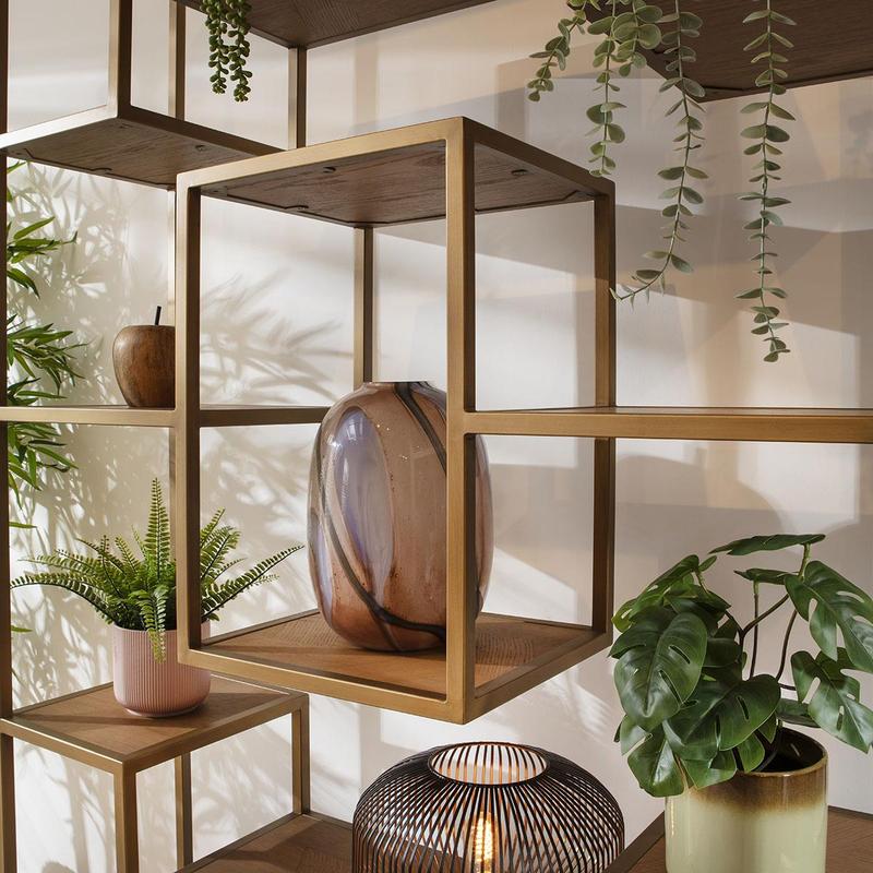 Hemingway Tall Shelving Unit Display Case Oak & Gold Brown 120x207cm 1