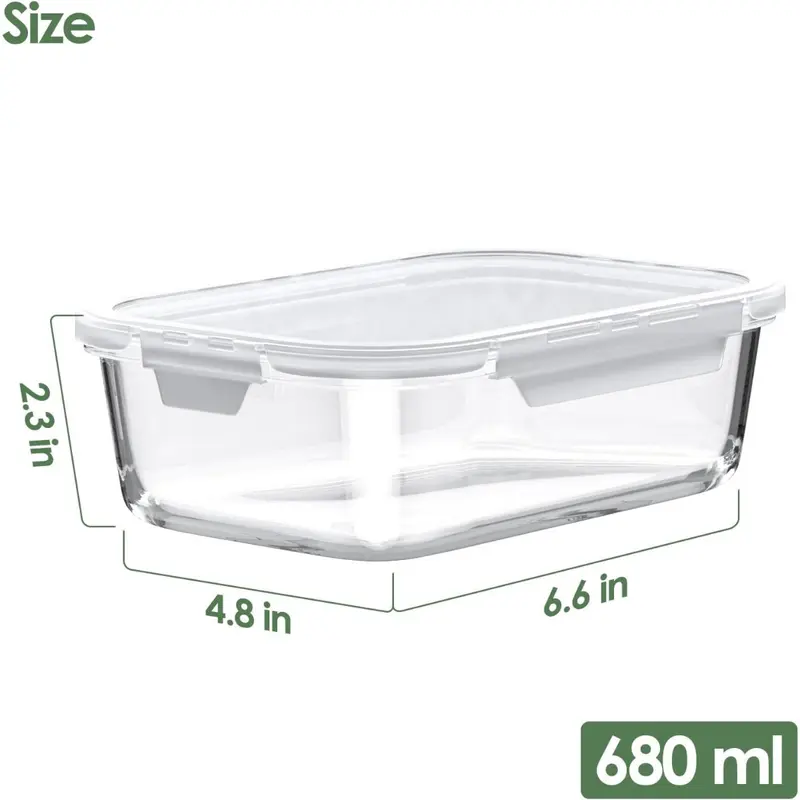 2 Pack 680ml Glass Food Storage, Meal Prep Containers Glass with Snap Lock Lids, Reusable Glass Lunch Box with Lid, Leakproof Glass Containers, Microwave, Oven & Dishwasher Safe 3