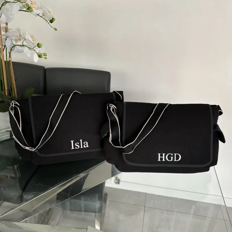 Personalised black canvas baby bag