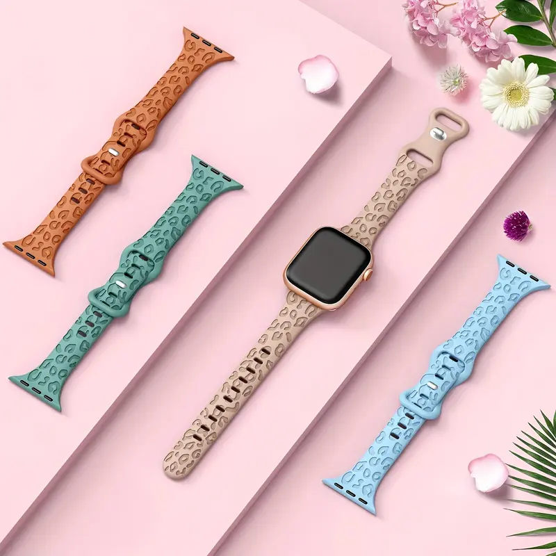 4-Pack Leopard Engraved Stainless Steel Bands Compatible with Apple Watch 38mm 40mm 41mm 42mm 44mm 45mm for Women, Sport IWatch Series Wearable 4