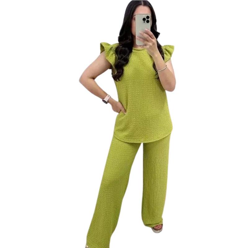 Women's Loungwear Ladies Pop Corn Fabric Frill Sleeve Top Trousers 2Pcs Co Ord UK Size 8-22 Loungewear Pajama Womenswear Nightwear Comfortable Pyjamas 7
