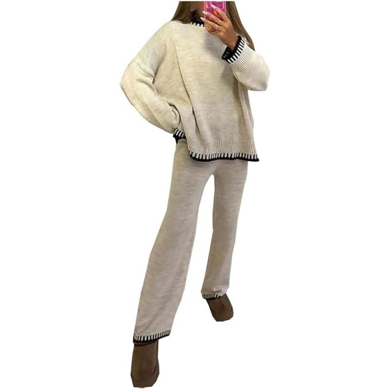 Womens Knitted Lounge Wear Ladies Wide Leg Palazzo Top Tracksuit 2 Pcs Co Ord Set 1