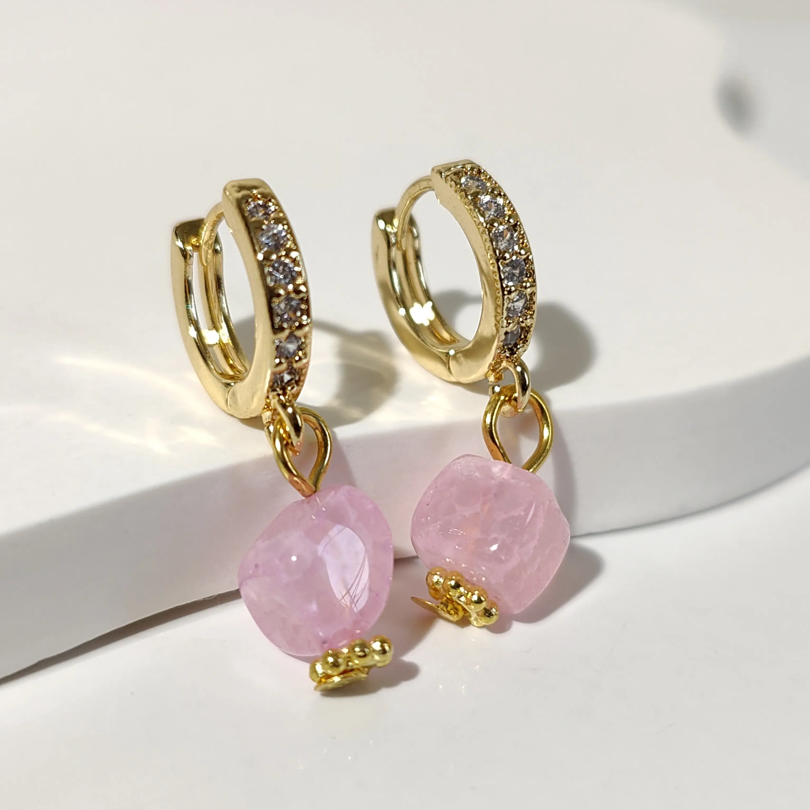 Rose Quartz 18k Gold Plated Hoop Earrings