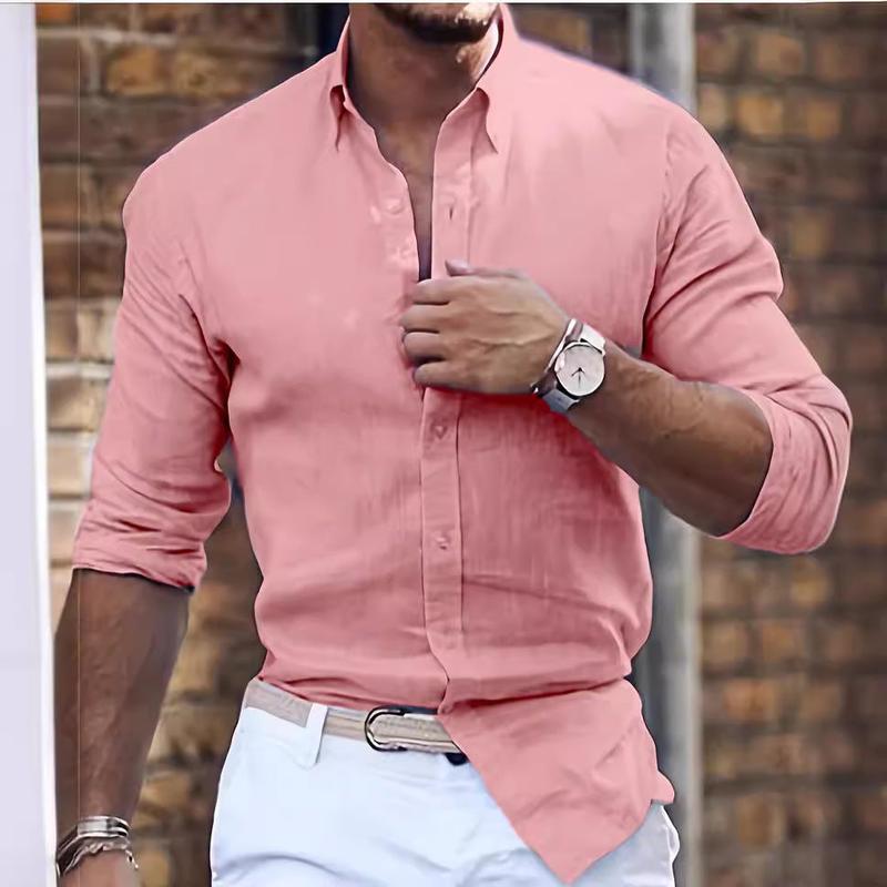 Cotton Linen Long Sleeve Shirt Solid Color Polo Collar Casual Style Shirt 2