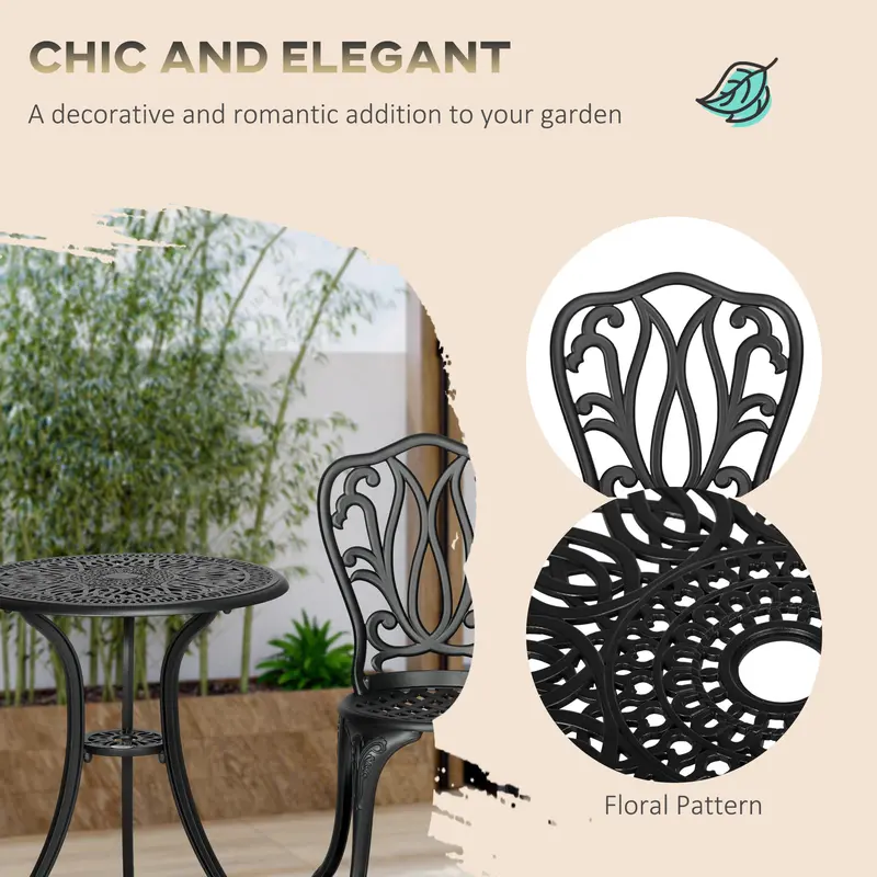 Outsunny 3 Piece Garden Bistro Set, Cast Aluminium Outdoor Furniture Set with Umbrella Hole for Balcony, Porch, Patio 6