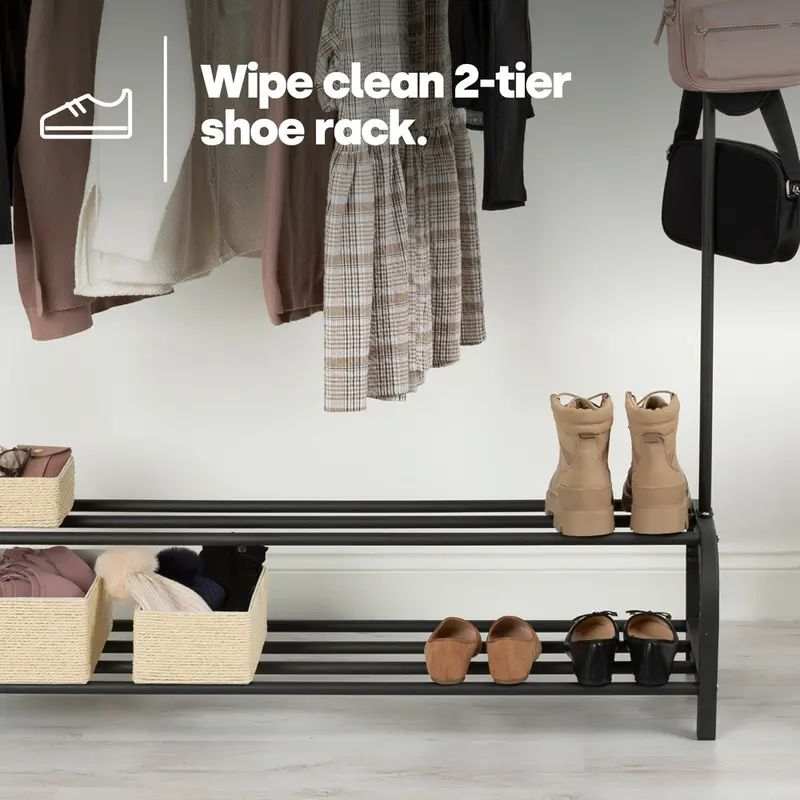 Clothes Storage Rail with Hooks & Shoe Rack - Black 2