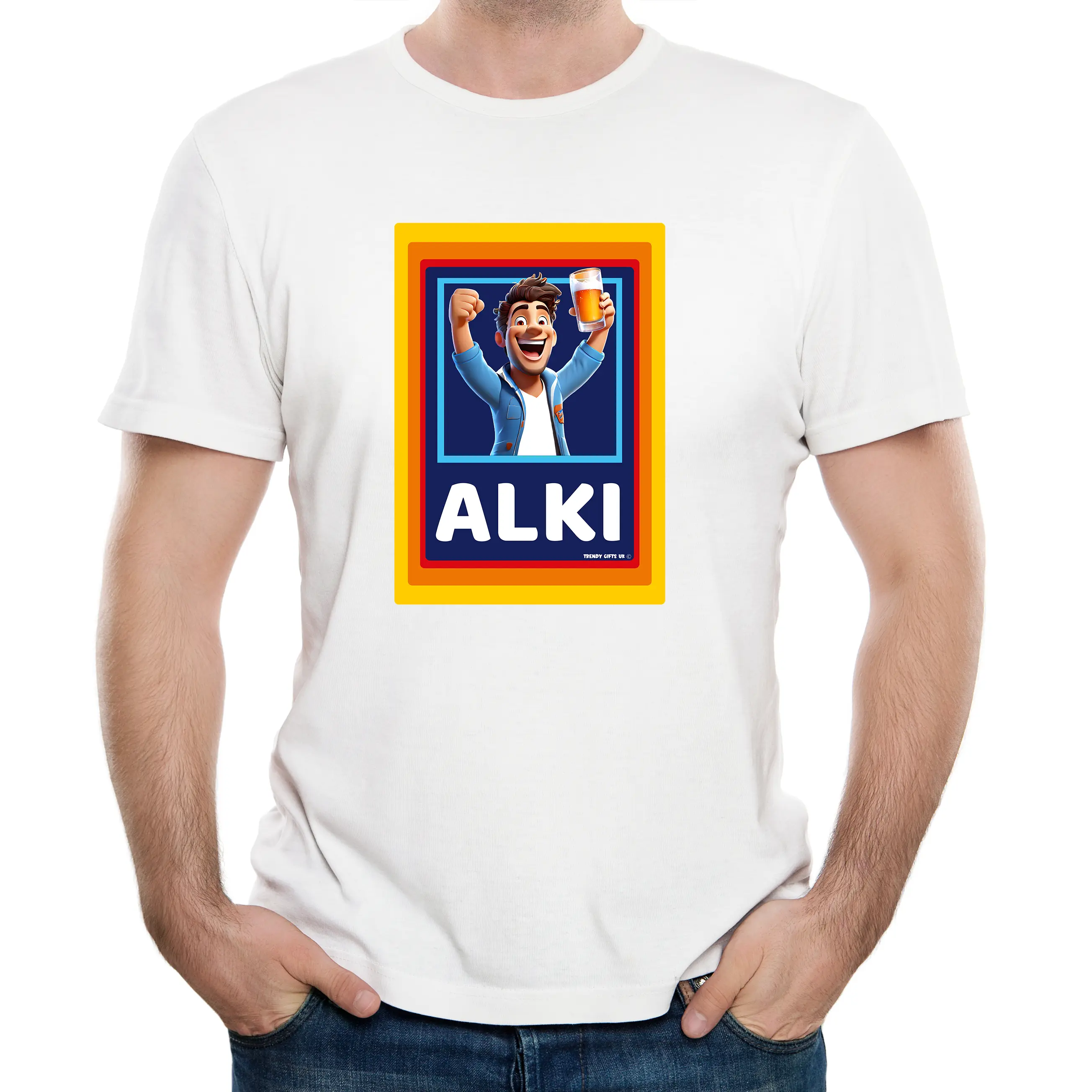 ALKI Funny T-SHIRT Alcoholic Person Adult Mens Unisex Tee Top t shirt Cotton Casual Crew Neck White Menswear Novelty Humour Print Celebration Perfect Gift Drunk Cheers Father's day Christmas xmas stocking filler
