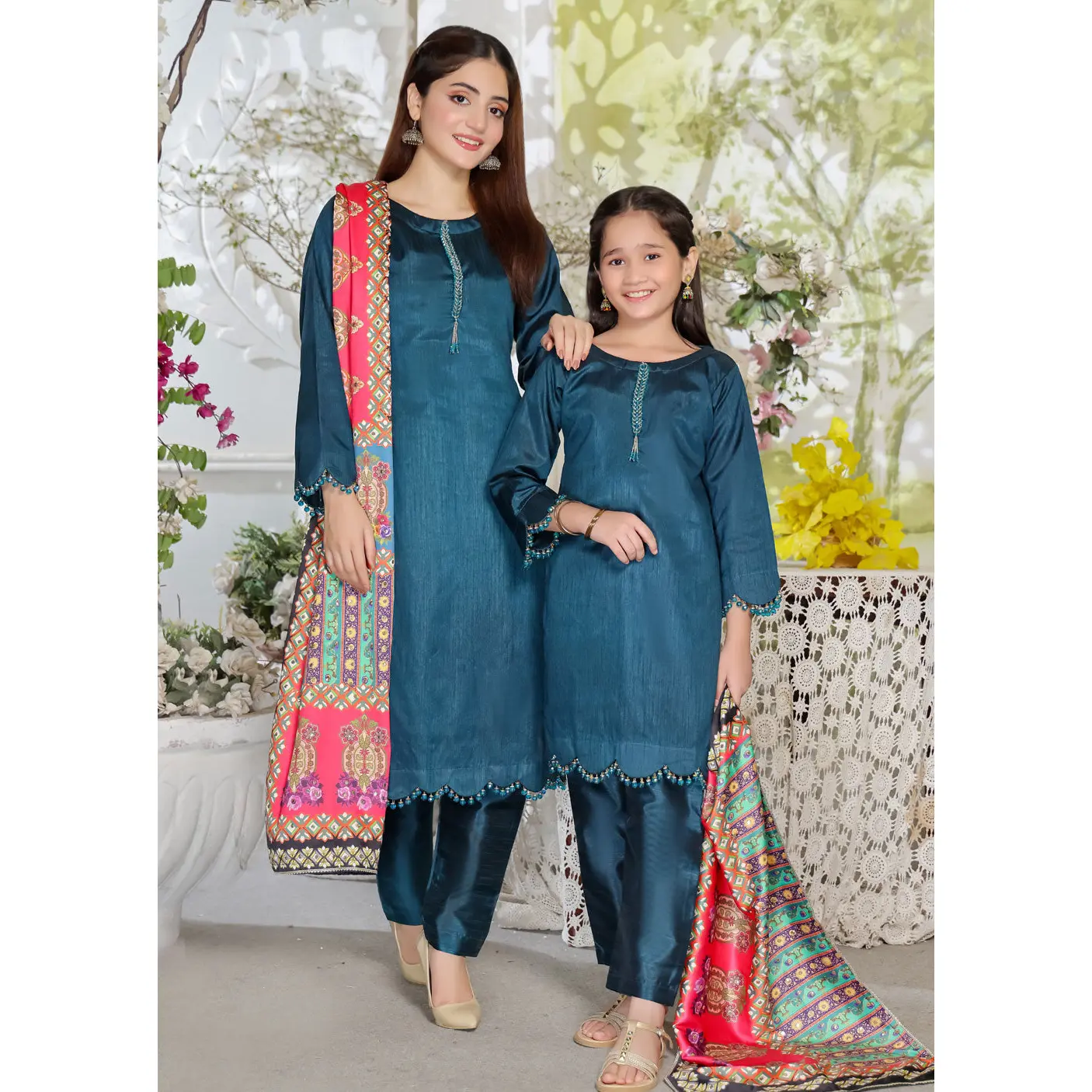 HK265 Zarora - Teal Readymade Raw Silk Mummy n Me Suit