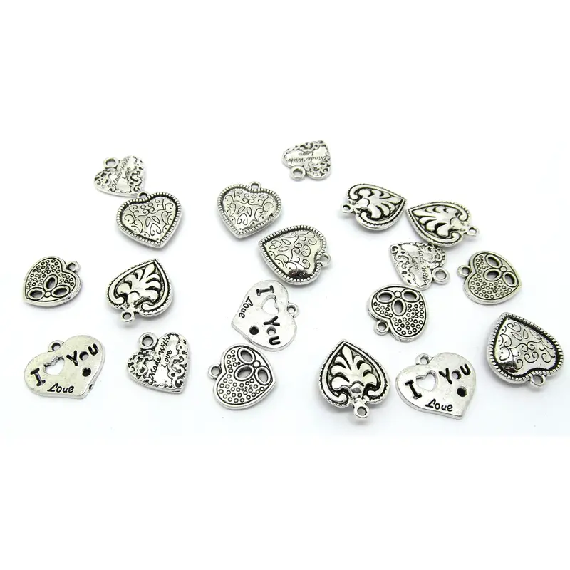 20 Mixed Valentine Heart Charms - Antique Silver Tone 2