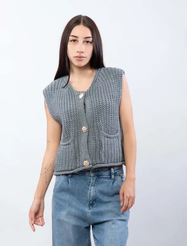 Tesfarz ONE Size(Fits UK 8-12) GOLD BUTTONED WOOL BLEND KNITTED VEST 3