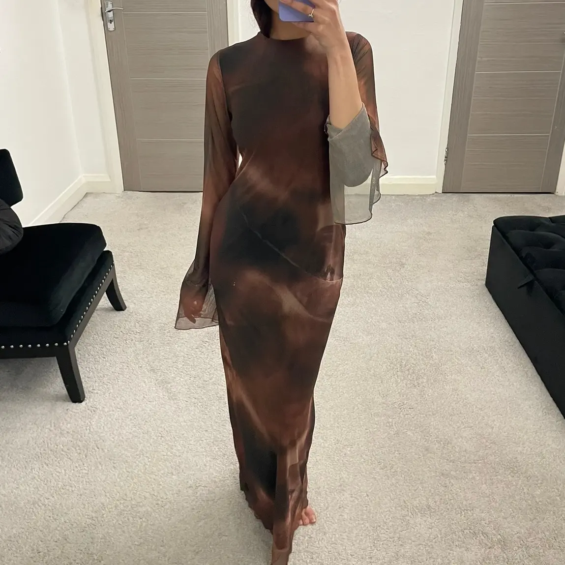 SHESOUT in the deep brown blurr floral maxi printed split sleeve mesh dress